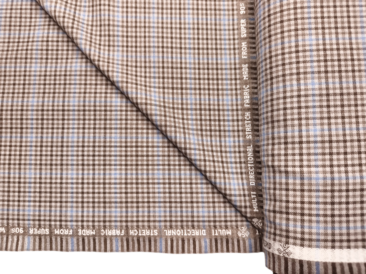 Raymond Ultra - Fit Champions Collection Super 90s Wool Blended Stretched Suiting Fabric (Light Brown & Blue, Checks)
