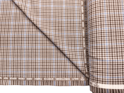 Raymond Ultra - Fit Champions Collection Super 90s Wool Blended Stretched Suiting Fabric (Light Brown & Blue, Checks)