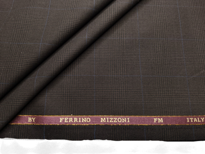 Ferrino Mizzoni Italy Super 150s Merino Wool Blended Premium Suiting Fabric (Dark Brown & Blue, Checks)