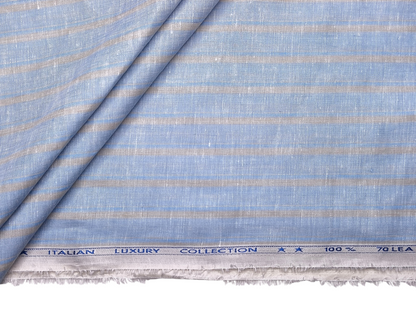Murano Di Italia Italian Luxury Collection 100% Pure Linen 70 LEA Shirting Fabric (Sky Blue & Yellow, Stripes)