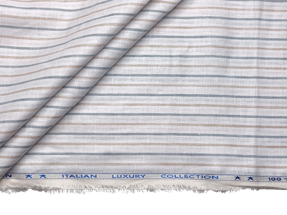 Murano Di Italia Italian Luxury Collection 100% Pure Linen 70 LEA Shirting Fabric (Grey & Beige, Stripes)