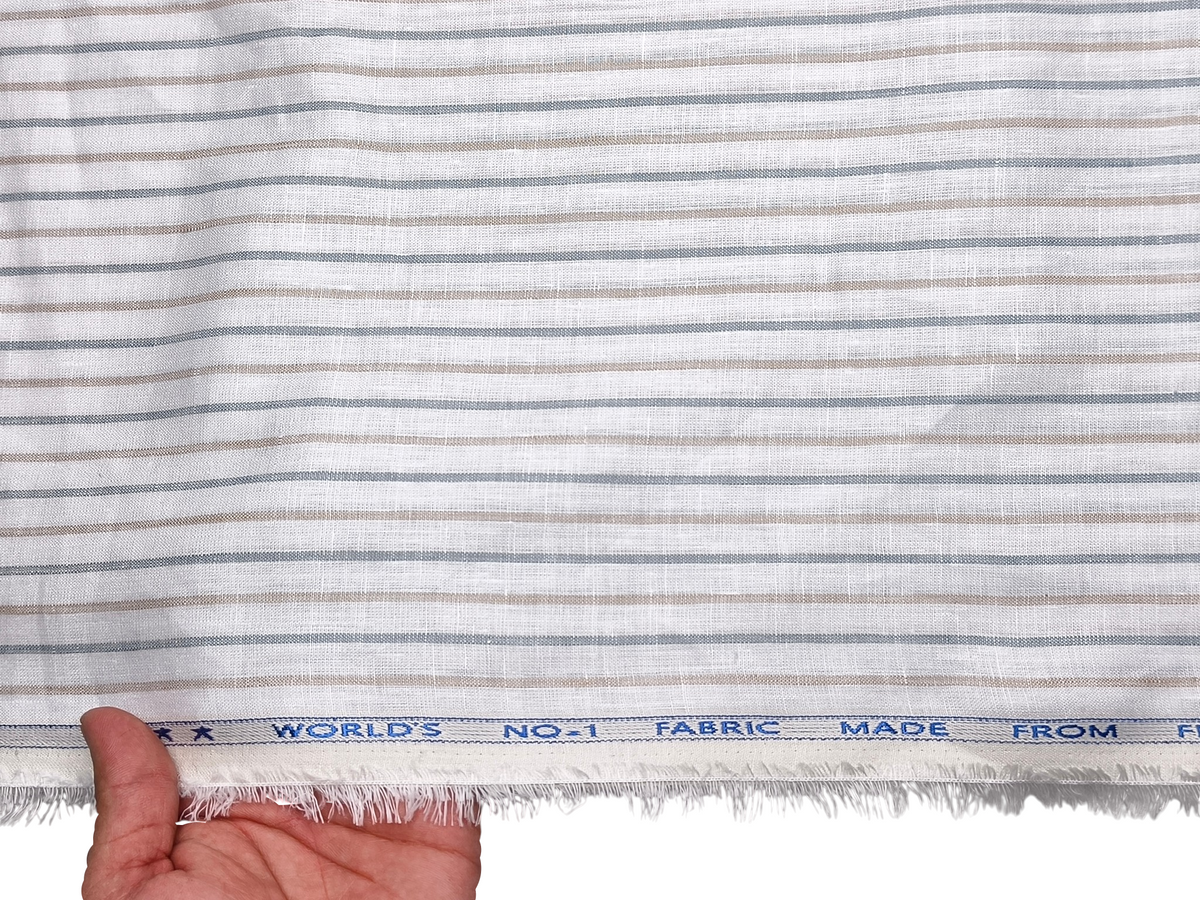 Murano Di Italia Italian Luxury Collection 100% Pure Linen 70 LEA Shirting Fabric (Grey & Beige, Stripes)