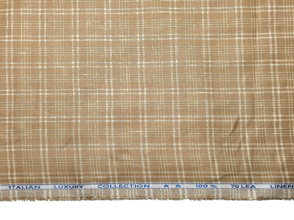 Murano Di Italia Italian Luxury Collection 100% Pure Linen 70 LEA Shirting Fabric (Camel Beige, Checks)