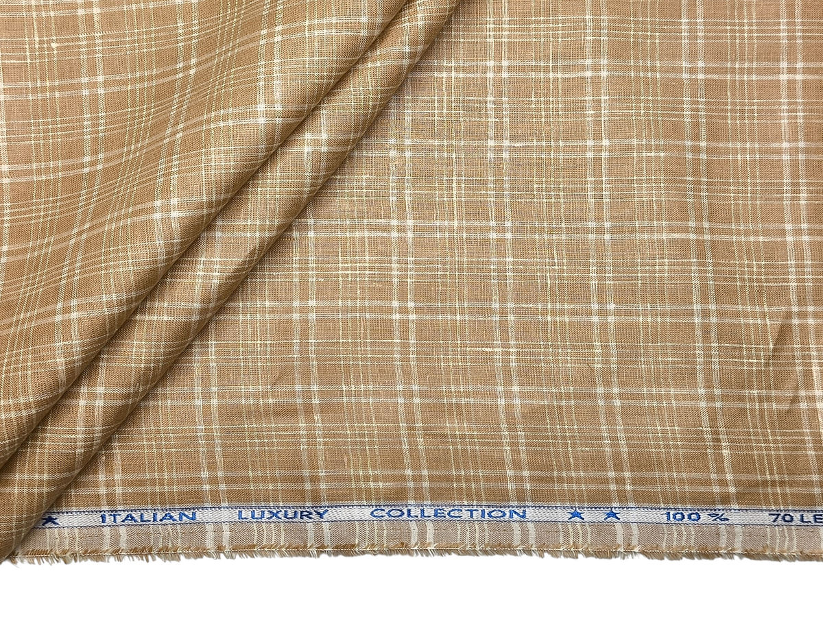 Murano Di Italia Italian Luxury Collection 100% Pure Linen 70 LEA Shirting Fabric (Camel Beige, Checks)
