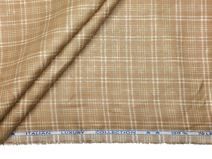 Murano Di Italia Italian Luxury Collection 100% Pure Linen 70 LEA Shirting Fabric (Camel Beige, Checks)