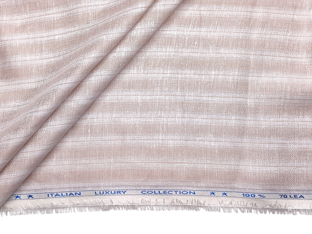Murano Di Italia Italian Luxury Collection 100% Pure Linen 70 LEA Shirting Fabric (Light Beige Stripes, Crepe Weave)