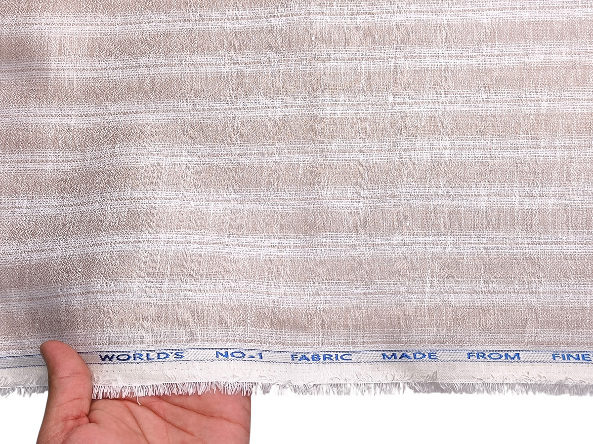 Murano Di Italia Italian Luxury Collection 100% Pure Linen 70 LEA Shirting Fabric (Light Beige Stripes, Crepe Weave)