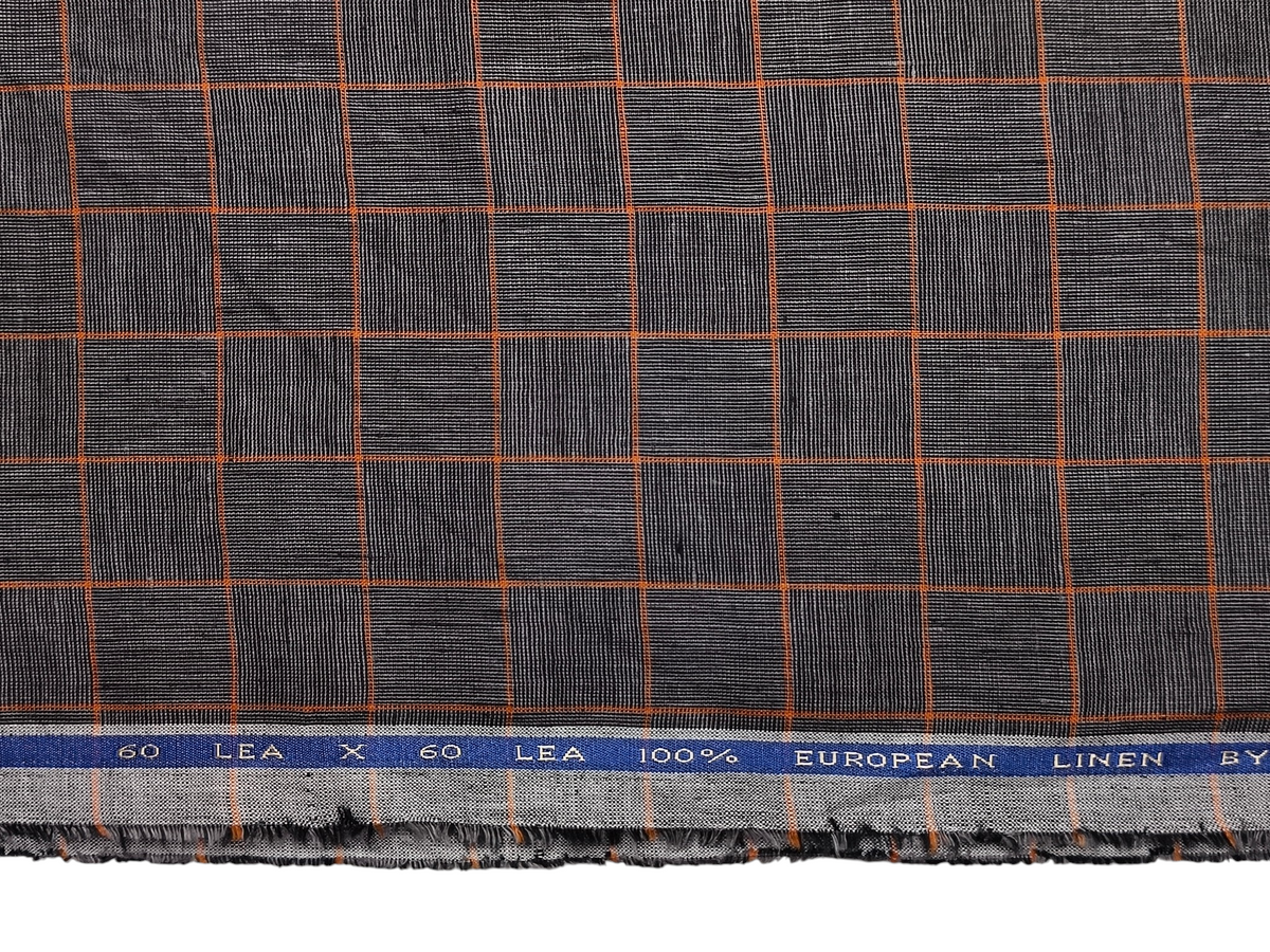 100% Pure Linen 60 LEA Shirting Fabric (Charcoal Grey & Orange, Checks)