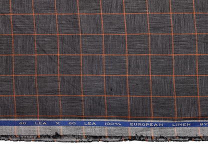 100% Pure Linen 60 LEA Shirting Fabric (Charcoal Grey & Orange, Checks)