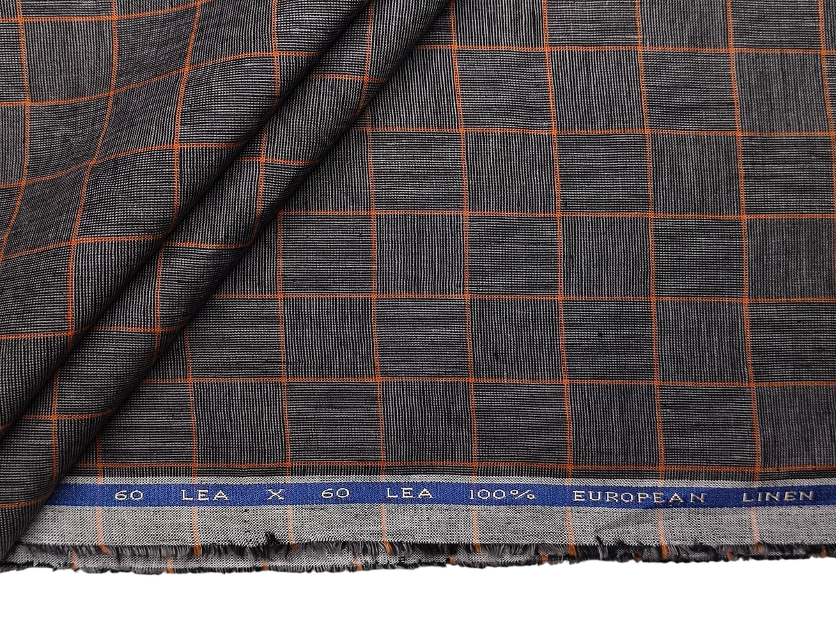 100% Pure Linen 60 LEA Shirting Fabric (Charcoal Grey & Orange, Checks)