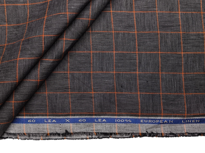 100% Pure Linen 60 LEA Shirting Fabric (Charcoal Grey & Orange, Checks)