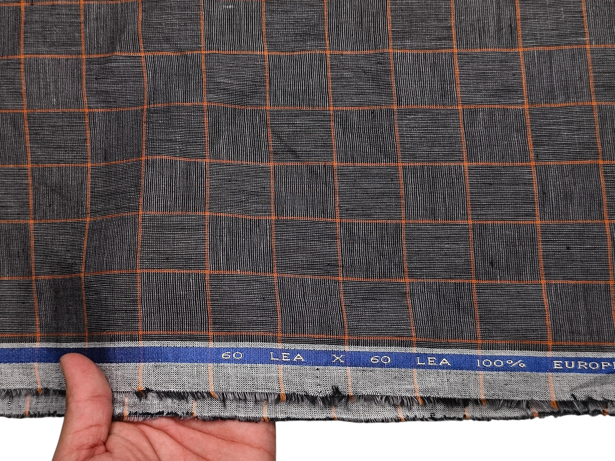 100% Pure Linen 60 LEA Shirting Fabric (Charcoal Grey & Orange, Checks)