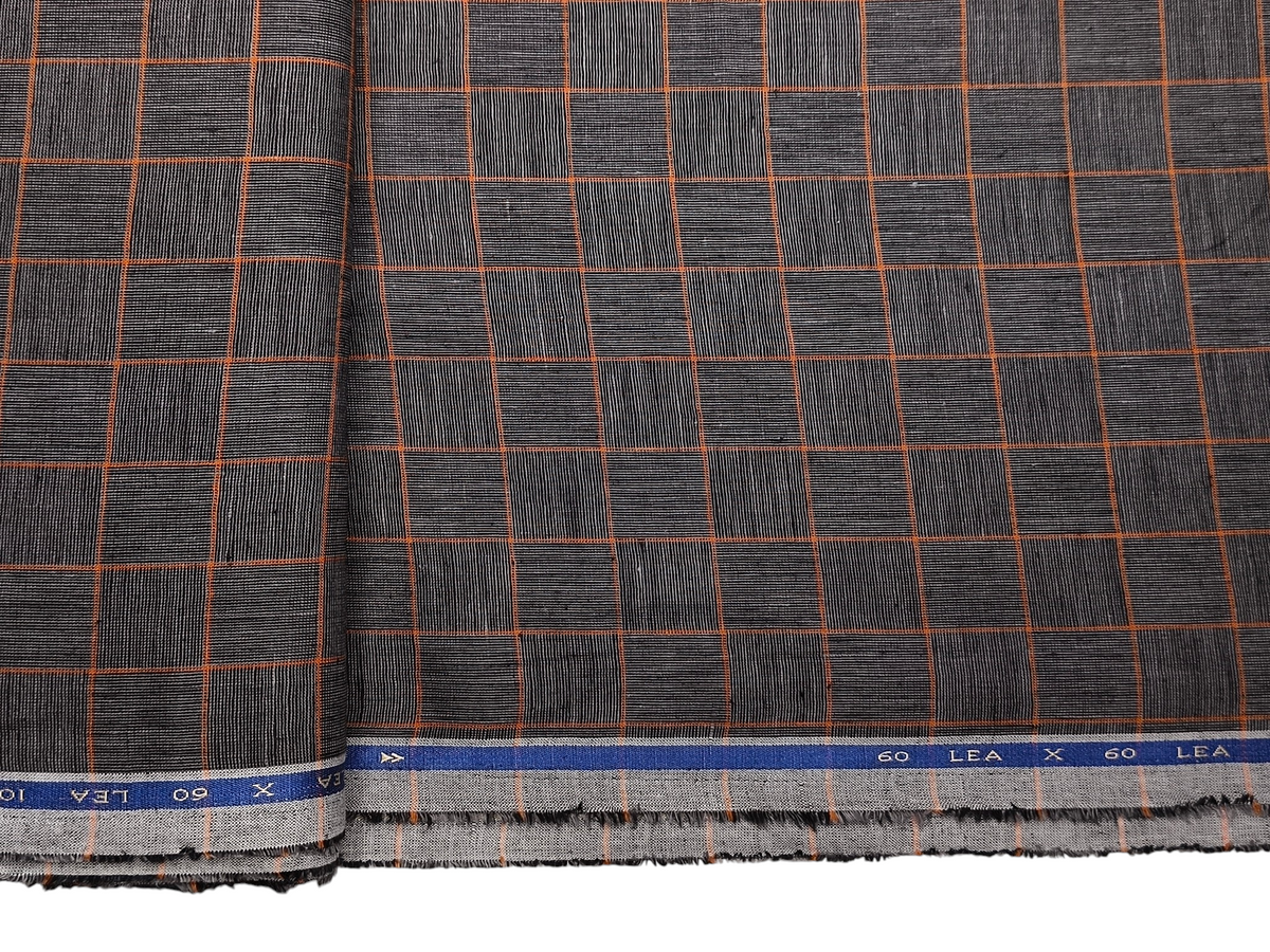 100% Pure Linen 60 LEA Shirting Fabric (Charcoal Grey & Orange, Checks)