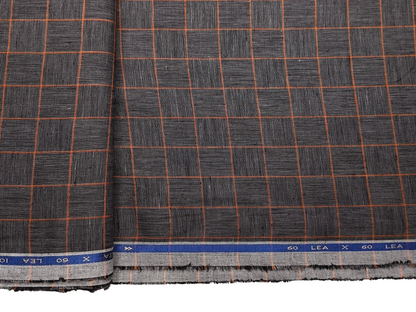 100% Pure Linen 60 LEA Shirting Fabric (Charcoal Grey & Orange, Checks)