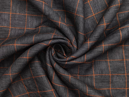100% Pure Linen 60 LEA Shirting Fabric (Charcoal Grey & Orange, Checks)