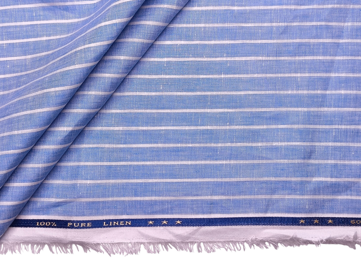 100% Pure Linen 60 LEA Shirting Fabric (Classic Blue, Stripes)