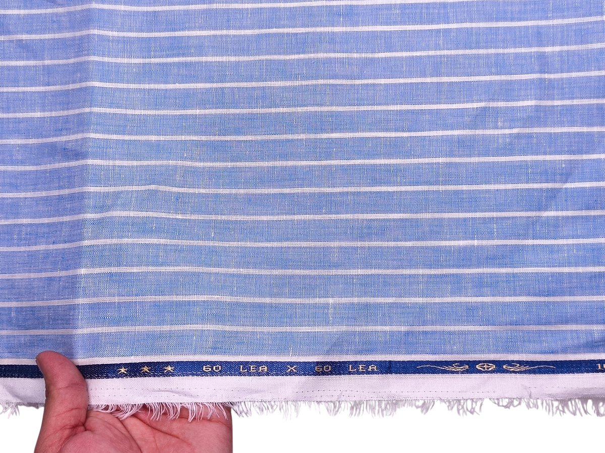 100% Pure Linen 60 LEA Shirting Fabric (Classic Blue, Stripes)