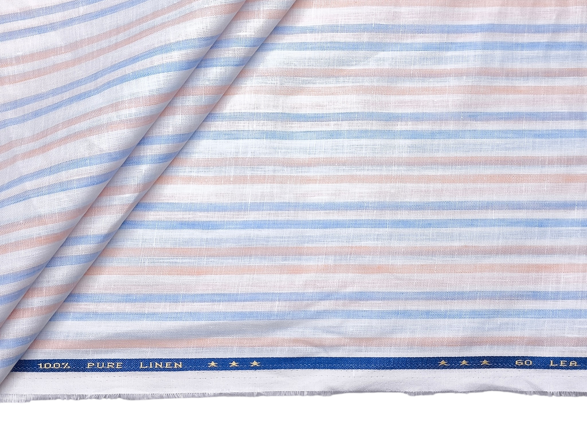 100% Pure Linen 60 LEA Shirting Fabric (Blue & Orange, Stripes)