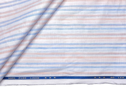 100% Pure Linen 60 LEA Shirting Fabric (Blue & Orange, Stripes)