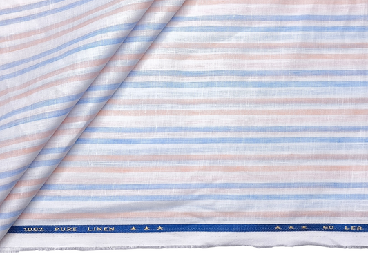 100% Pure Linen 60 LEA Shirting Fabric (Blue & Orange, Stripes)