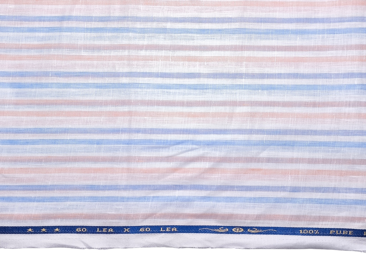100% Pure Linen 60 LEA Shirting Fabric (Blue & Orange, Stripes)
