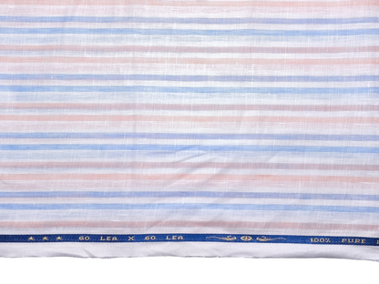 100% Pure Linen 60 LEA Shirting Fabric (Blue & Orange, Stripes)