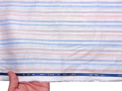 100% Pure Linen 60 LEA Shirting Fabric (Blue & Orange, Stripes)