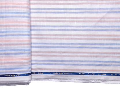 100% Pure Linen 60 LEA Shirting Fabric (Blue & Orange, Stripes)