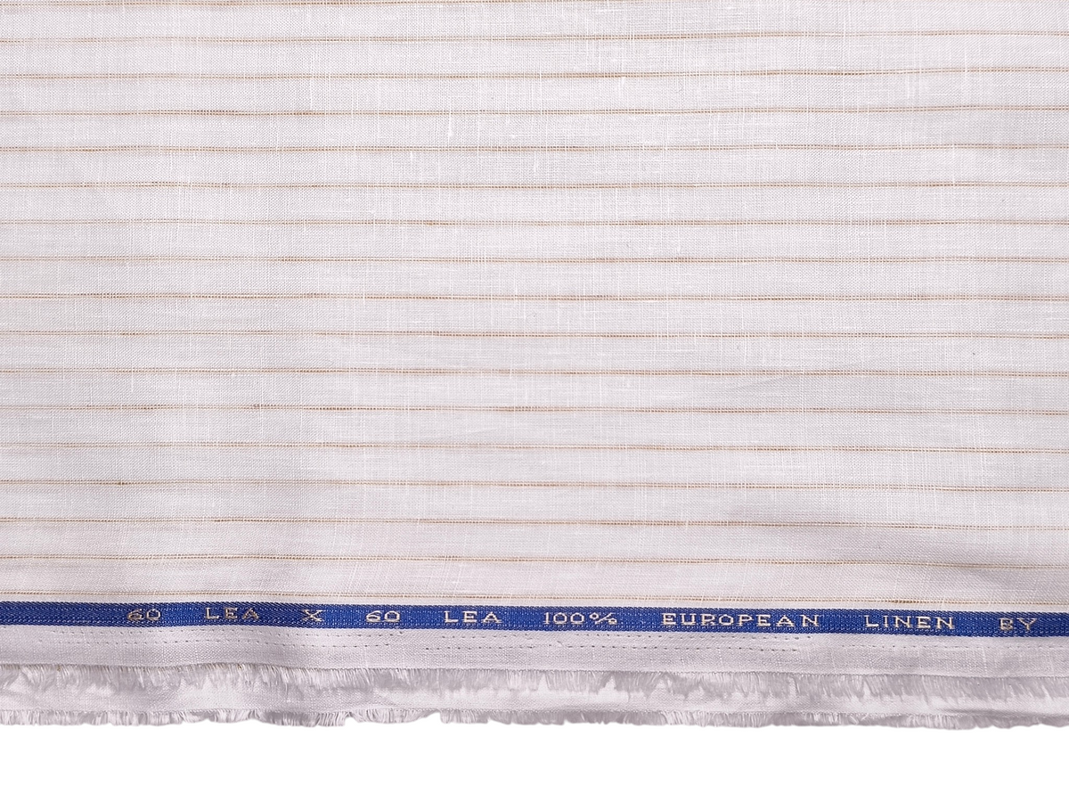 100% Pure Linen 60 LEA Shirting Fabric (White & Golden, Subtle Stripes)