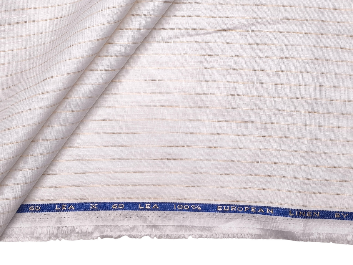 100% Pure Linen 60 LEA Shirting Fabric (White & Golden, Subtle Stripes)