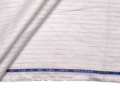 100% Pure Linen 60 LEA Shirting Fabric (White & Golden, Subtle Stripes)