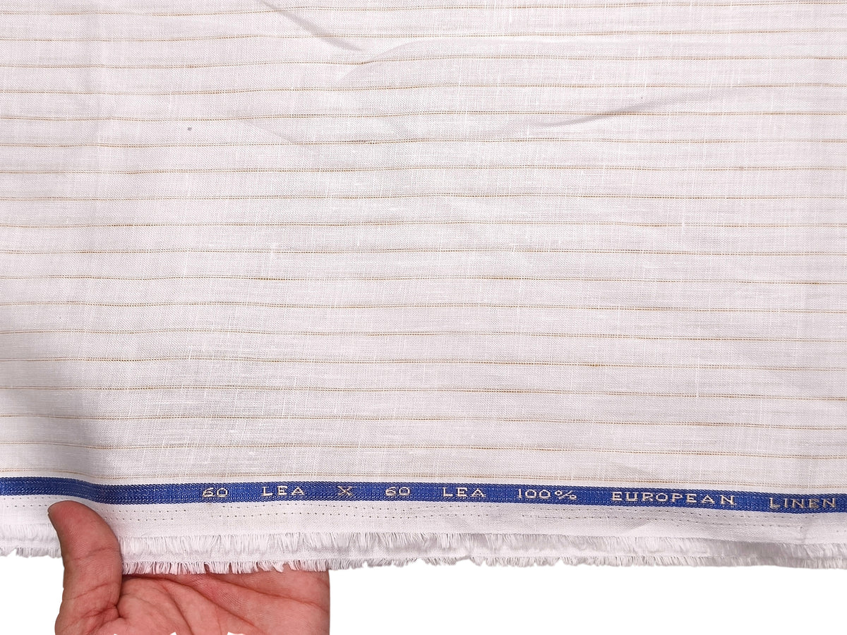 100% Pure Linen 60 LEA Shirting Fabric (White & Golden, Subtle Stripes)