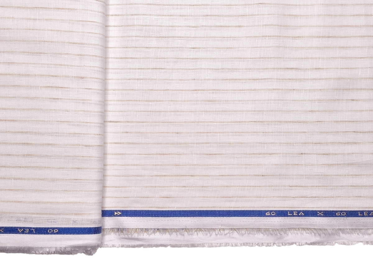 100% Pure Linen 60 LEA Shirting Fabric (White & Golden, Subtle Stripes)
