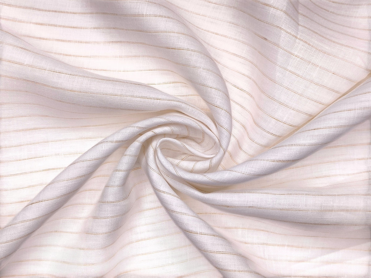 100% Pure Linen 60 LEA Shirting Fabric (White & Golden, Subtle Stripes)
