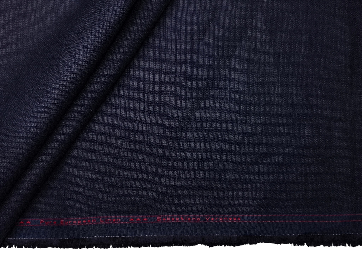100% Pure European Linen Suiting Fabric (Navy Blue, Hopsack Weave)