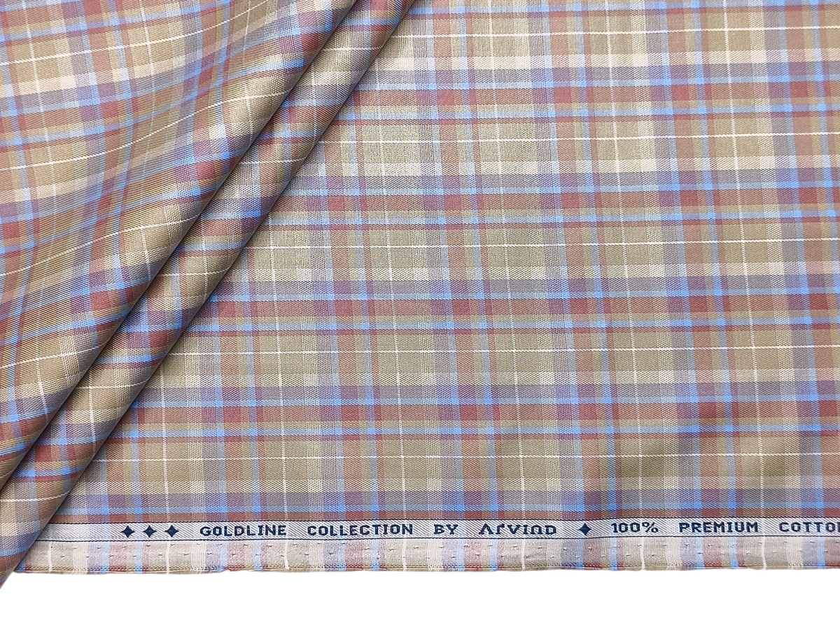 Arvind Goldline Collection 100% Premium Cotton Shirting Fabric (Green, Blue and Rust, Checks)
