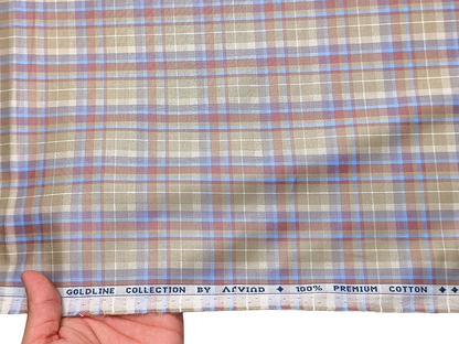 Arvind Goldline Collection 100% Premium Cotton Shirting Fabric (Green, Blue and Rust, Checks)