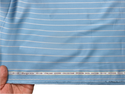 Arvind Bergenia Italian Luxury Collection 100% Premium Giza Cotton Shirting Fabric (Sky Blue & Light Grey , Stripes)