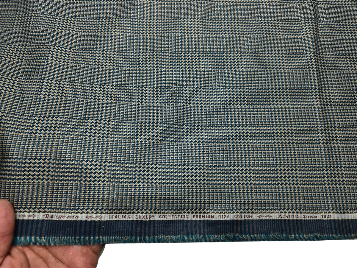 Arvind Bergenia Italian Luxury Collection 100% Premium Giza Cotton Shirting Fabric (Royal Blue & Golden, Jacquard Checks)
