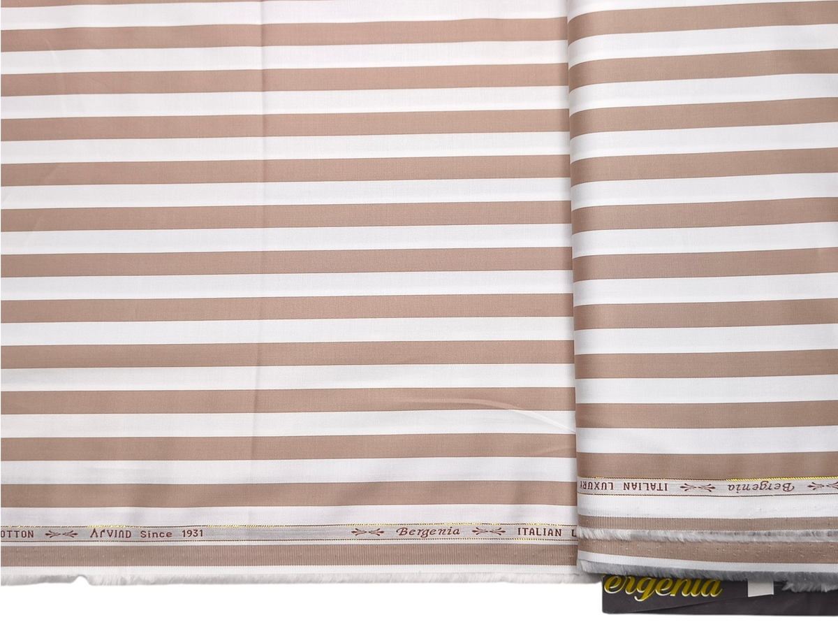 Arvind Bergenia Italian Luxury Collection 100% Premium Giza Cotton Shirting Fabric (White & Taupe, Stripes)