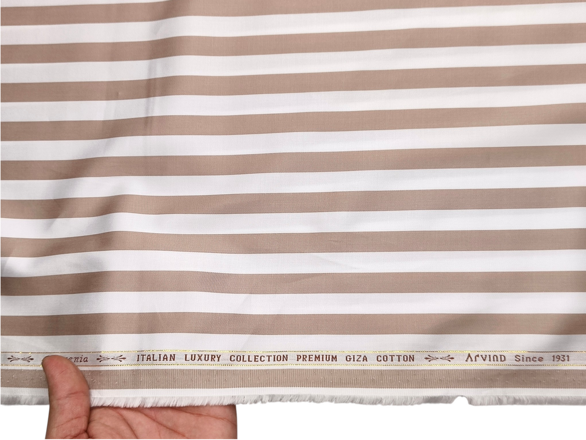 Arvind Bergenia Italian Luxury Collection 100% Premium Giza Cotton Shirting Fabric (White & Taupe, Stripes)