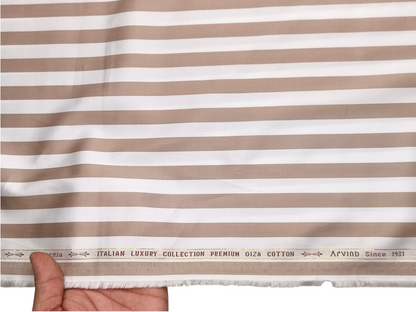 Arvind Bergenia Italian Luxury Collection 100% Premium Giza Cotton Shirting Fabric (White & Taupe, Stripes)
