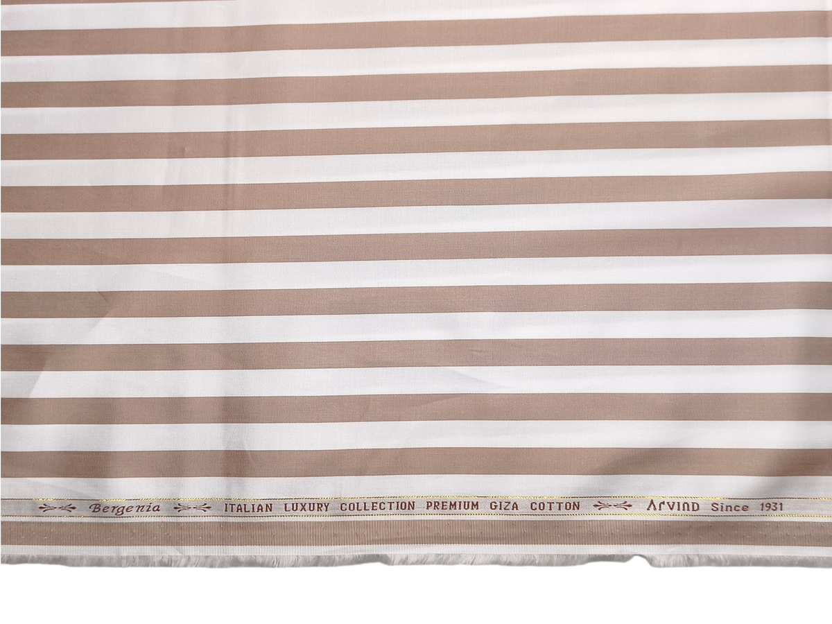 Arvind Bergenia Italian Luxury Collection 100% Premium Giza Cotton Shirting Fabric (White & Taupe, Stripes)