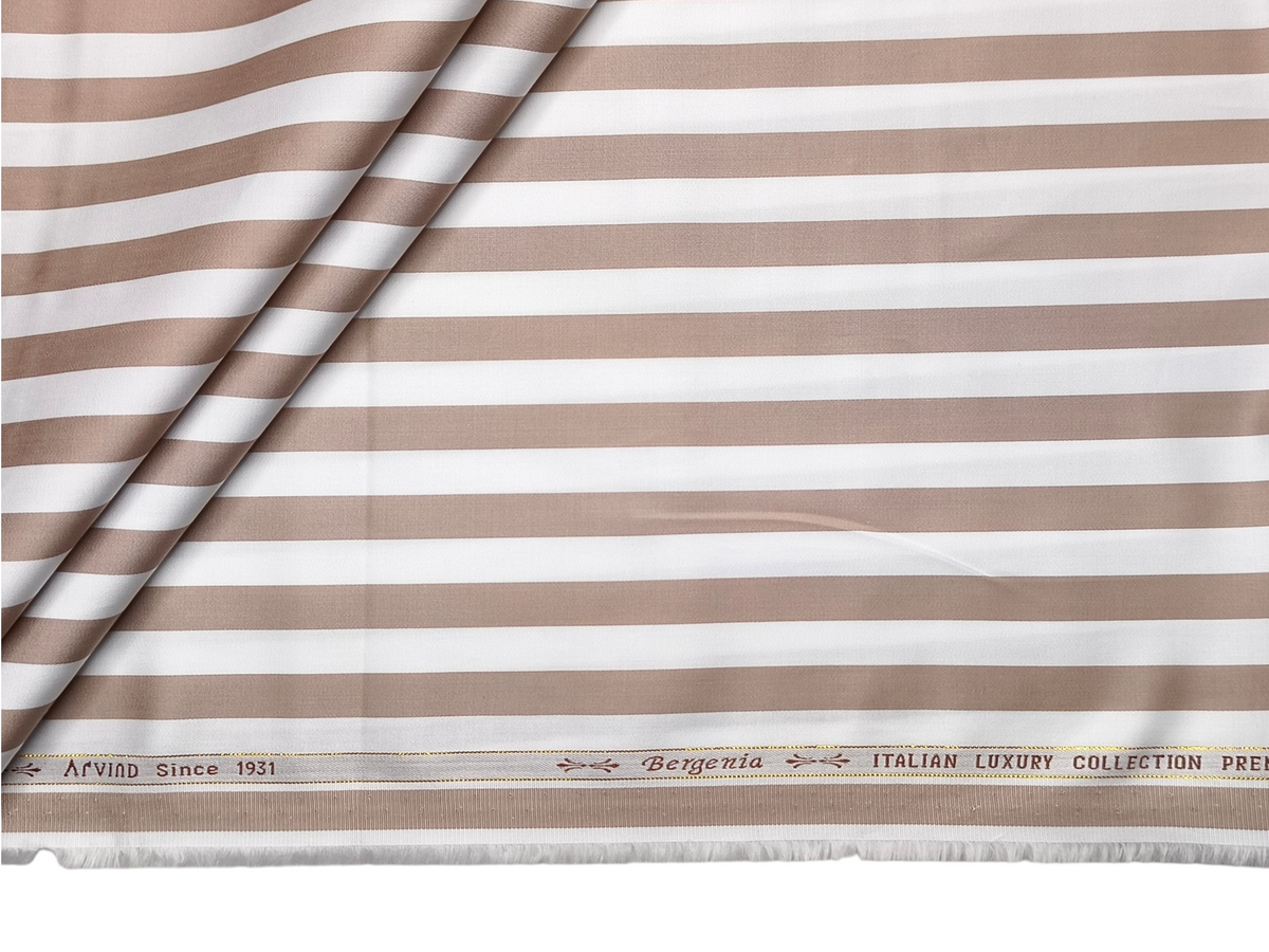 Arvind Bergenia Italian Luxury Collection 100% Premium Giza Cotton Shirting Fabric (White & Taupe, Stripes)