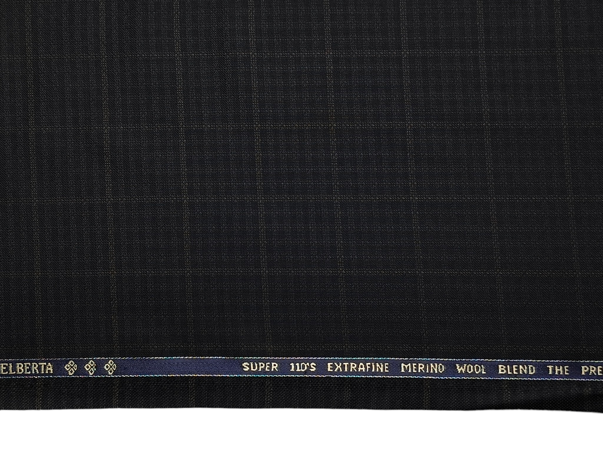 Georgia Gullini Italy Elberta Super 110s Merino Wool Blended Premium Suiting Fabric (Charcoal Black & Green, Patterned Checks)