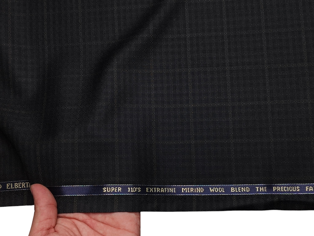Georgia Gullini Italy Elberta Super 110s Merino Wool Blended Premium Suiting Fabric (Charcoal Black & Green, Patterned Checks)