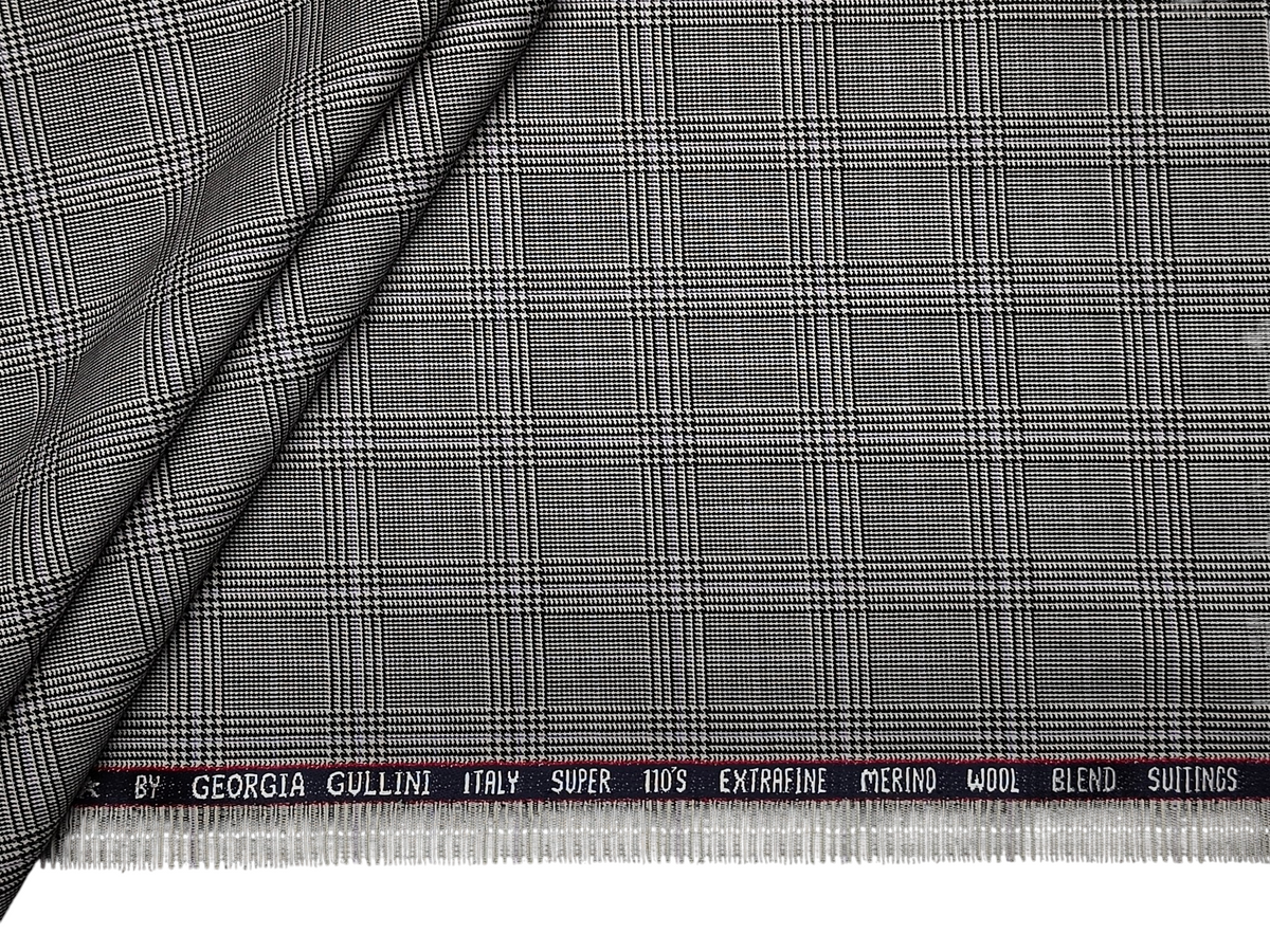 Georgia Gullini Italy Emerald Super 110s Extrafine Merino Wool Blended Premium Suiting Fabric (Light Grey, Windowpane Checks)