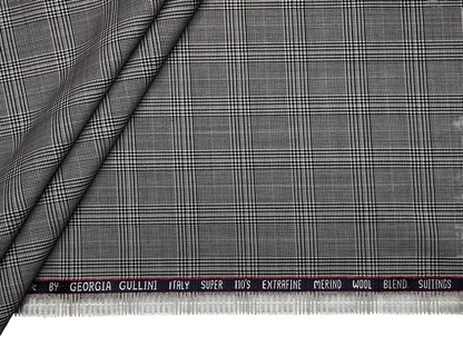 Georgia Gullini Italy Emerald Super 110s Extrafine Merino Wool Blended Premium Suiting Fabric (Light Grey, Windowpane Checks)