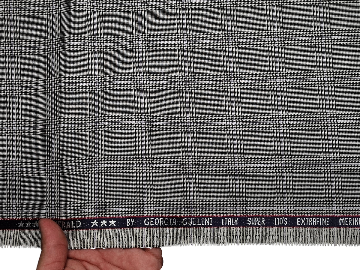 Georgia Gullini Italy Emerald Super 110s Extrafine Merino Wool Blended Premium Suiting Fabric (Light Grey, Windowpane Checks)