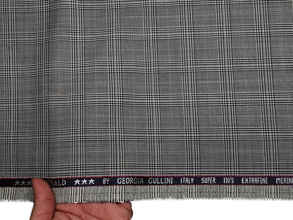 Georgia Gullini Italy Emerald Super 110s Extrafine Merino Wool Blended Premium Suiting Fabric (Light Grey, Windowpane Checks)